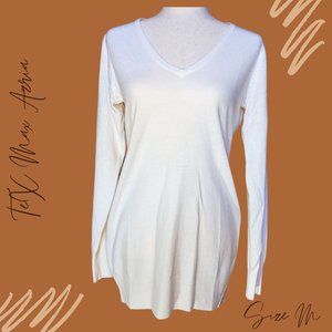 TeX Max Azria Cream Micro Mini Sweater Dress V-Neck Ribbed Sleeves & Bottom SZ L